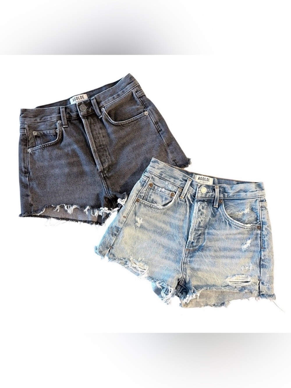 Lot Of 2 AGOLDE Denim Shorts Size 24 Distressed Raw Hem Blue + Faded Black
